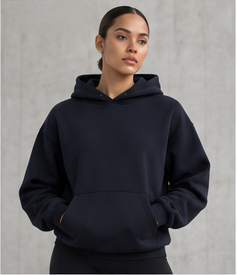 Model wearing the Signature Heavyweight Hoodie in black, front view