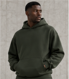 Model wearing the Structured Hoodie in forest green, front view