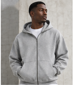 Model wearing the Tech Fleece Zip Hoodie in heather grey, front view