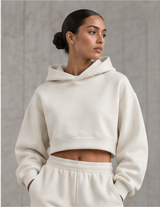 Model wearing the Cropped Studio Hoodie in bone with matching joggers