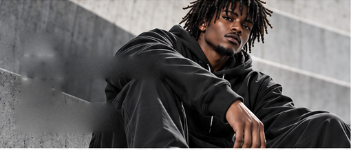 Model in a black hooded sweatshirt leaning against concrete steps