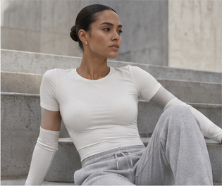 Model in a white long sleeve top and grey joggers sitting on concrete steps