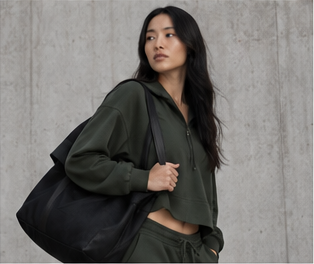 Model in a forest green zip hoodie carrying a black holdall