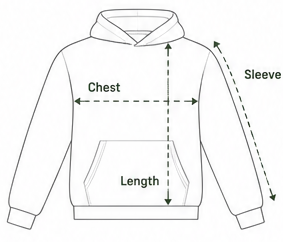 Line drawing of the hoodie with arrows across the chest, down the body and along the sleeve, showing where each measurement is taken