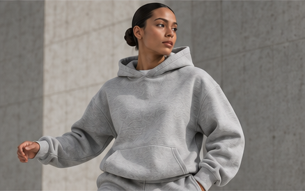 Model in the Signature Heavyweight Hoodie in heather grey, mid stride against concrete